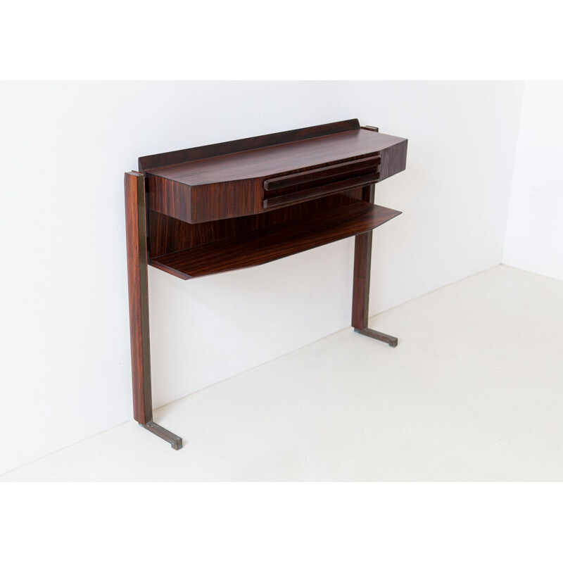 Vintage Modern Rosewood and Brass Console Table Italy