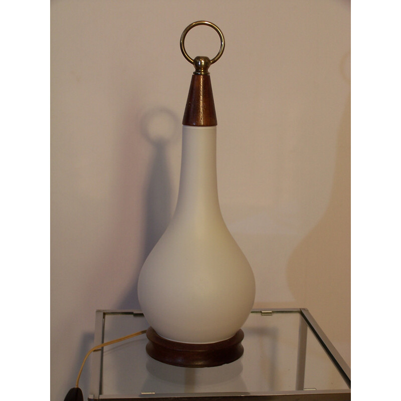 Lampe vintage "Goutte d'eau" en bois, opaline et laiton - 1960