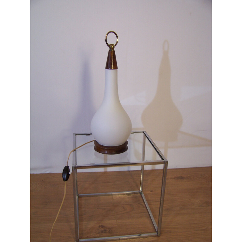 Mid-century "Goutte d'eau" lamp in wood, opaline and brass - 1960s