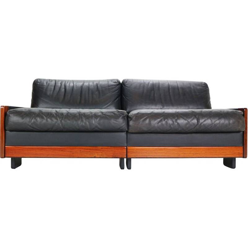 Vintage Black Leather 2-Seat Sofa for Cassina, 1960