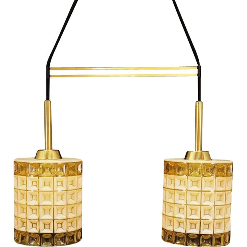 Vintage scandinavian chandelier glass in gold and white colour, 1960