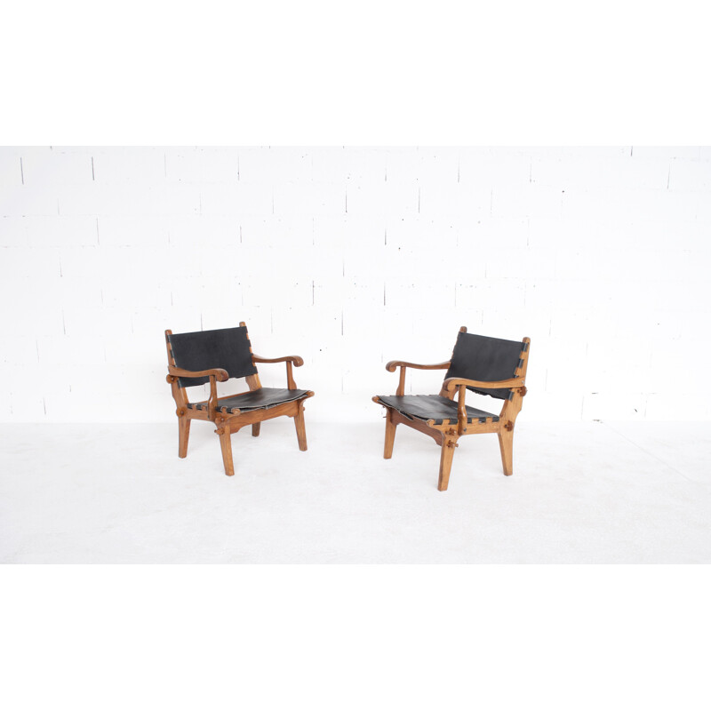 Pair of vintage teak and leather armchairs by Angel Pazmino, USA 1960