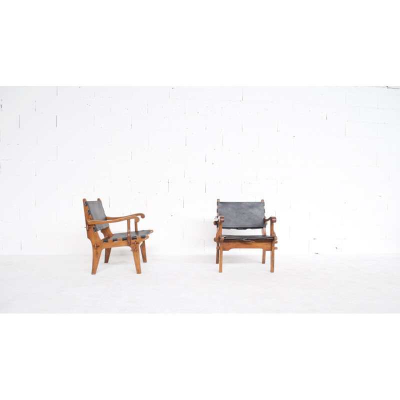 Pair of vintage teak and leather armchairs by Angel Pazmino, USA 1960