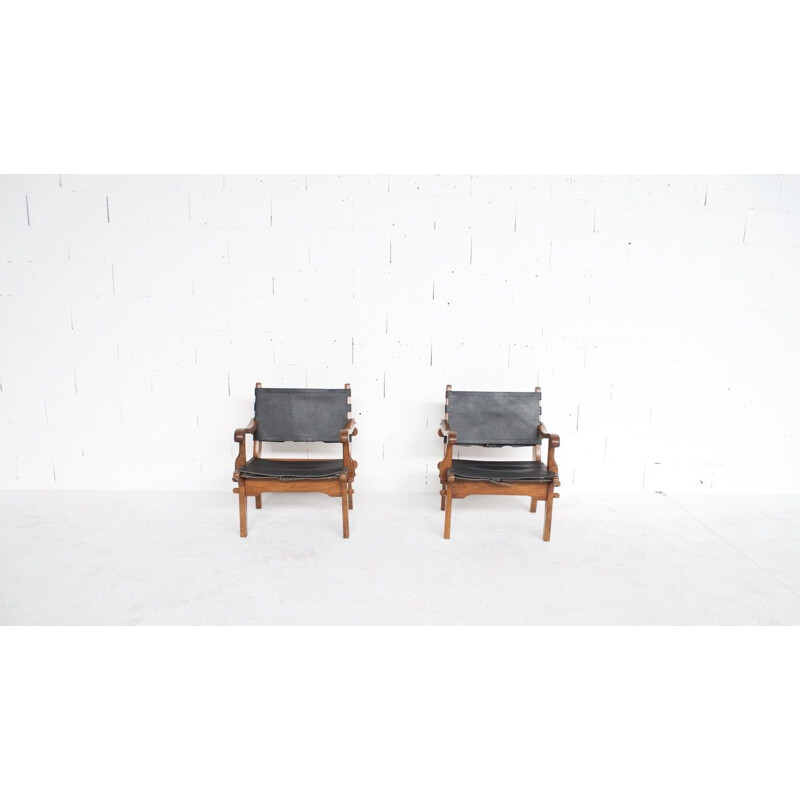 Pair of vintage teak and leather armchairs by Angel Pazmino, USA 1960