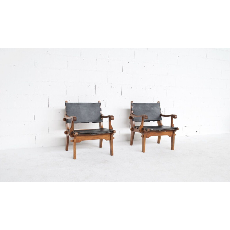 Paar vintage fauteuils van teak en leder van Angel Pazmino, USA 1960
