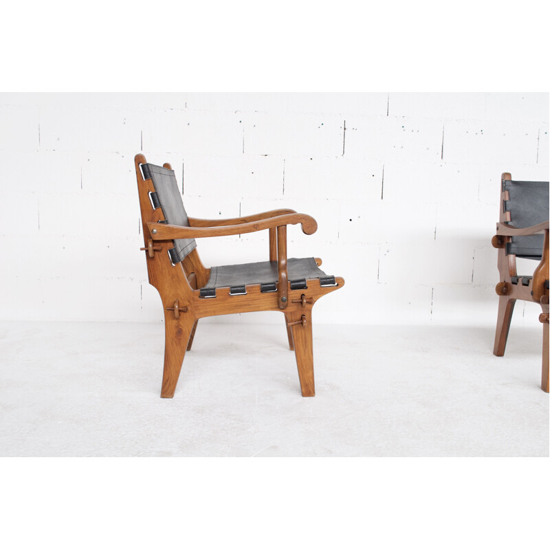 Pair of vintage teak and leather armchairs by Angel Pazmino, USA 1960
