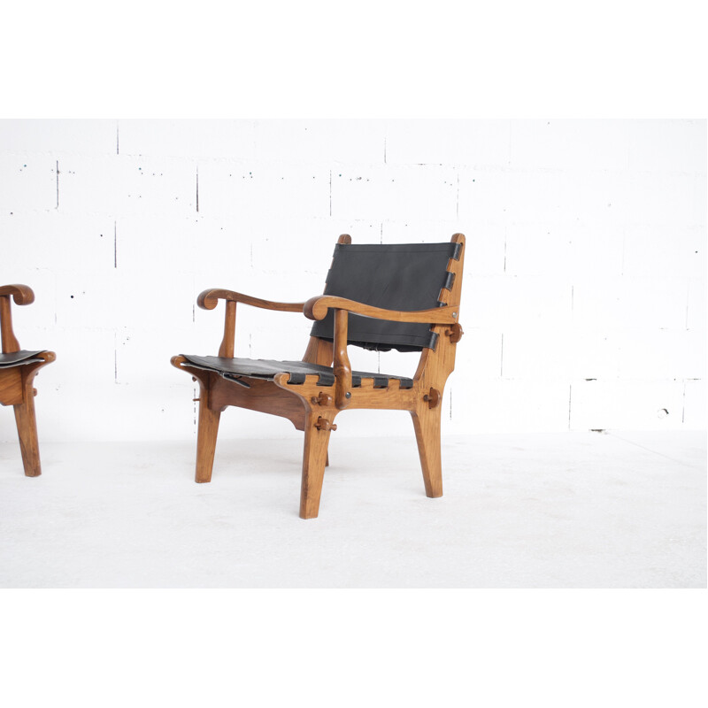 Paire de fauteuils vintage en teck et cuir d'Angel Pazmino, Etats-Unis 1960