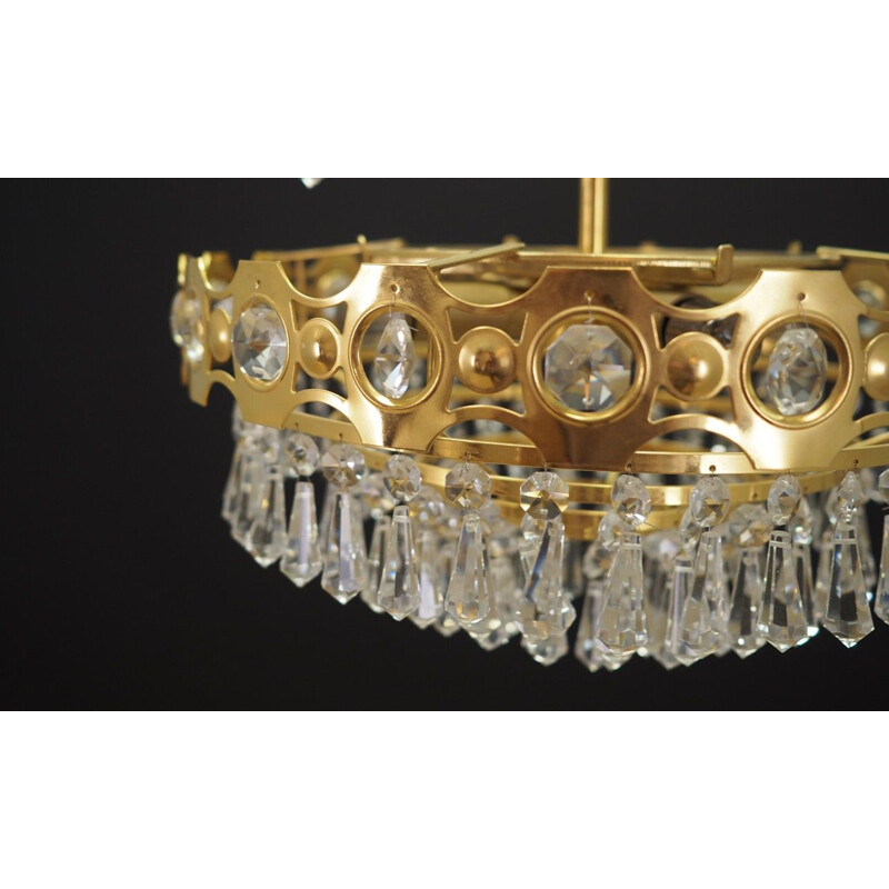 Vintage chandelier brass with decorative crystals Scandinavian 1970s