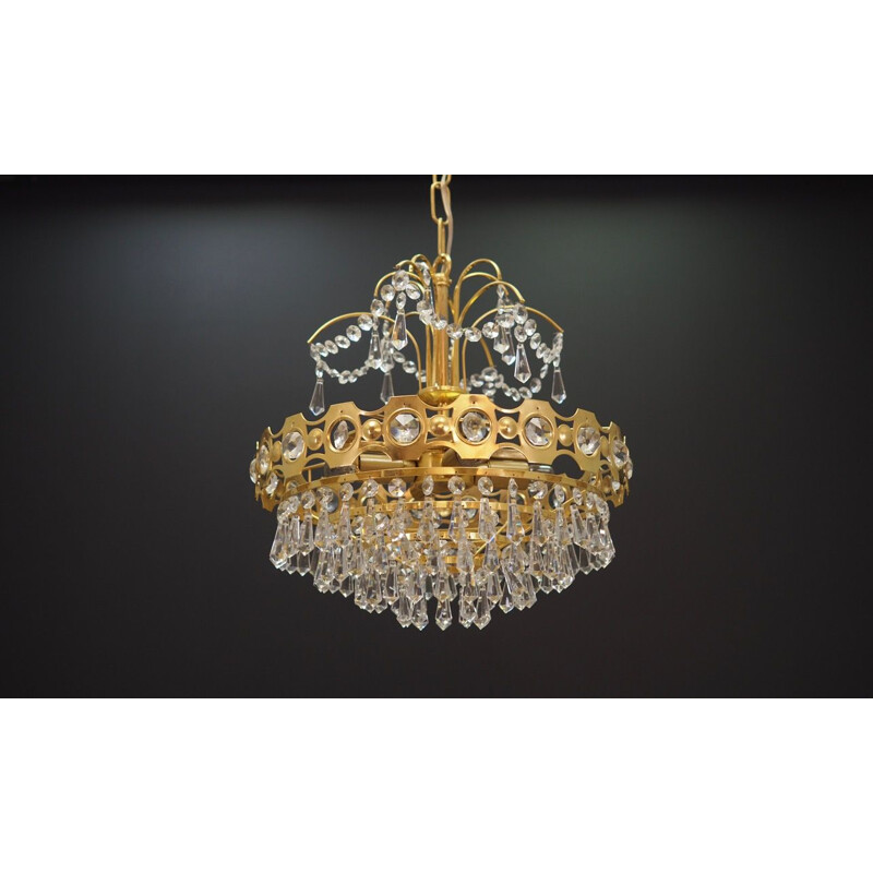 Vintage chandelier brass with decorative crystals Scandinavian 1970s