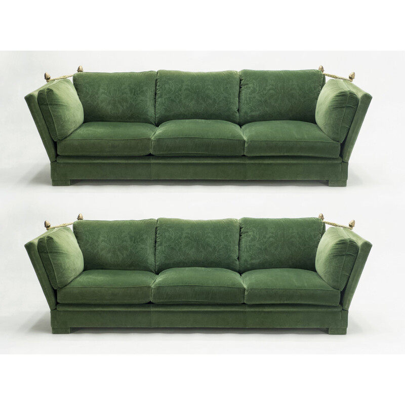 Pair of vintage large neoclassical sofas Jansen House green velvet 1970