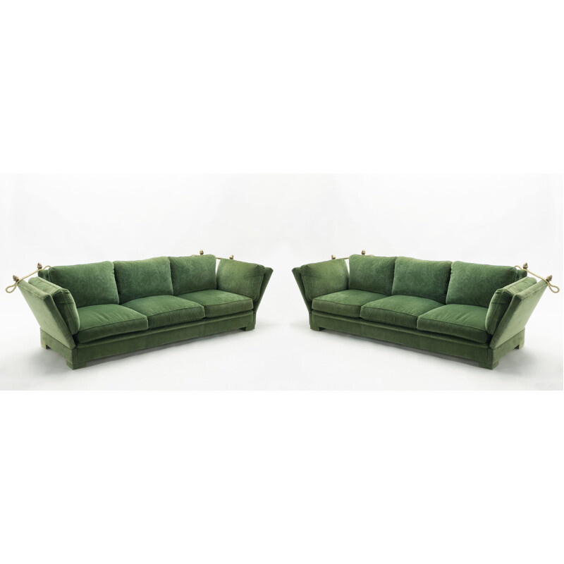 Pair of vintage large neoclassical sofas Jansen House green velvet 1970