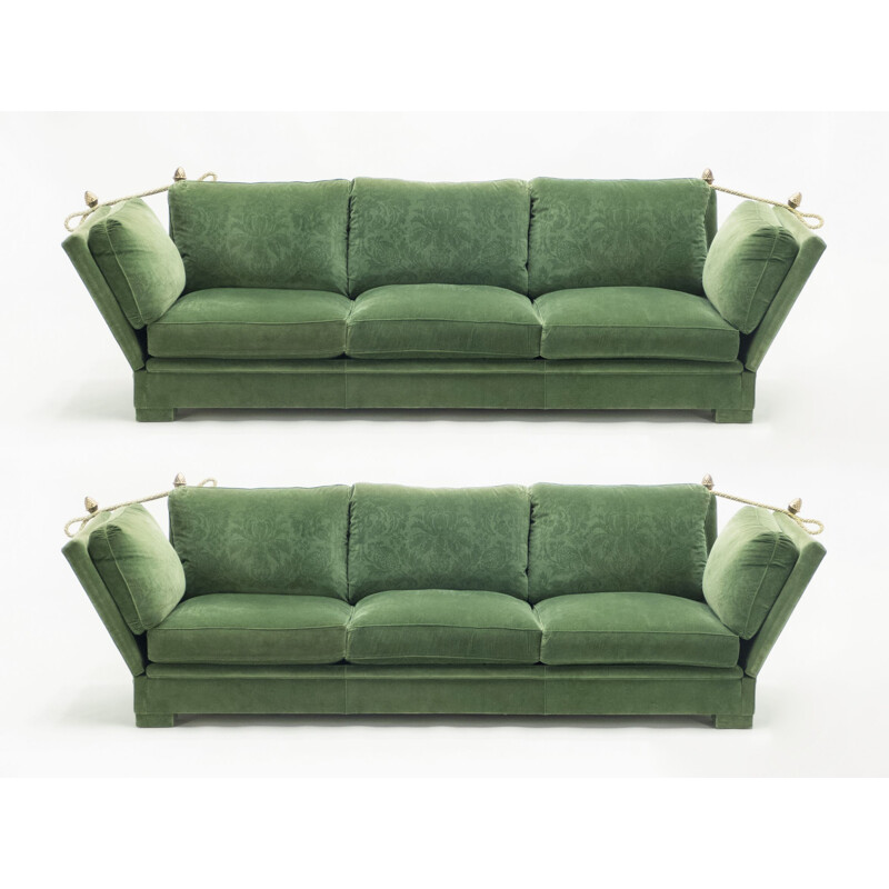 Pair of vintage large neoclassical sofas Jansen House green velvet 1970