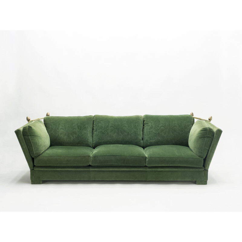 Pair of vintage large neoclassical sofas Jansen House green velvet 1970