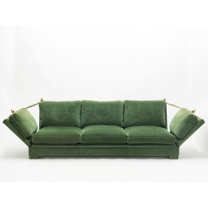 Pair of vintage large neoclassical sofas Jansen House green velvet 1970