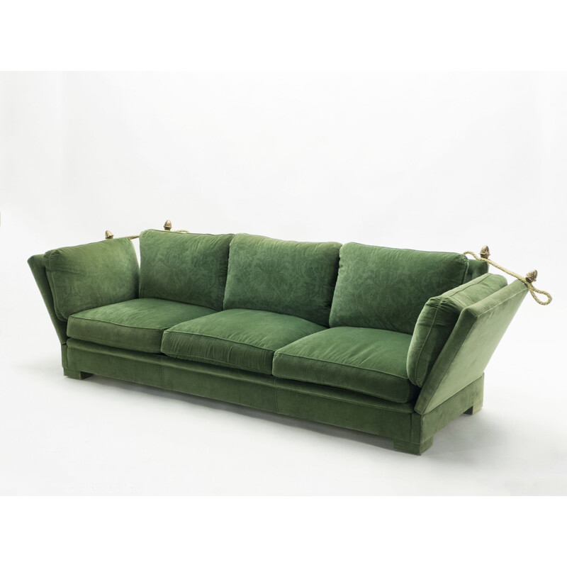 Pair of vintage large neoclassical sofas Jansen House green velvet 1970