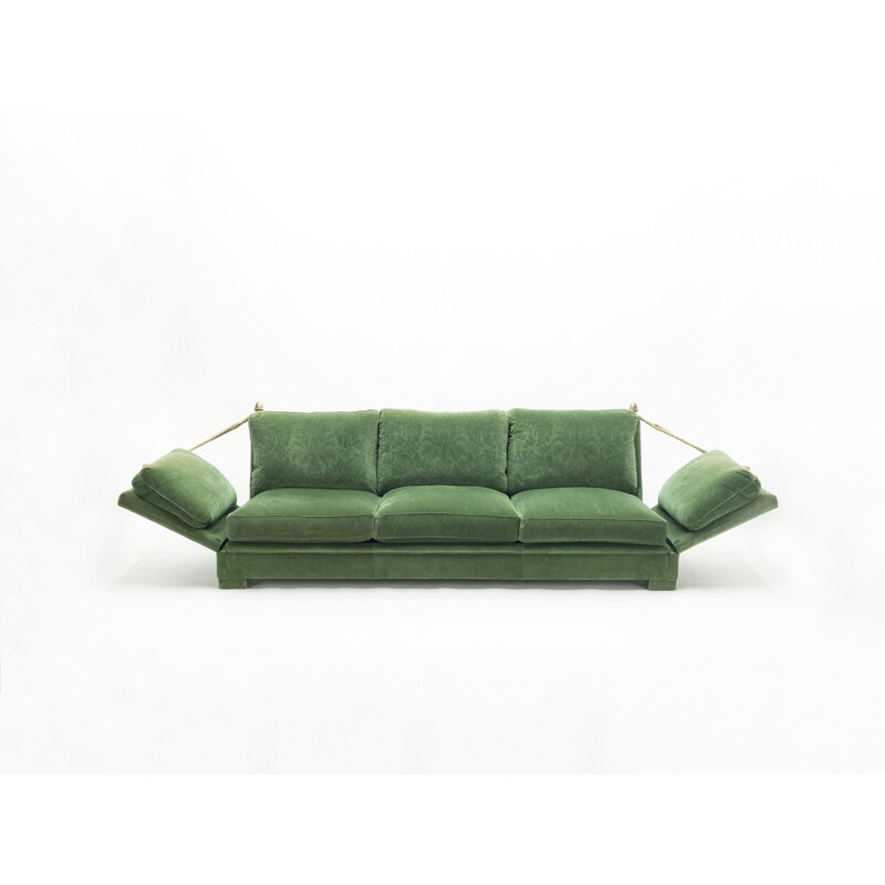 Pair of vintage large neoclassical sofas Jansen House green velvet 1970