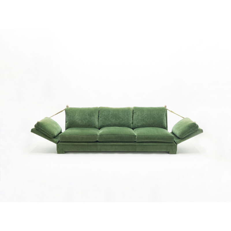 Paire de grands canapés vintage néoclassiques Maison Jansen velours vert 1970