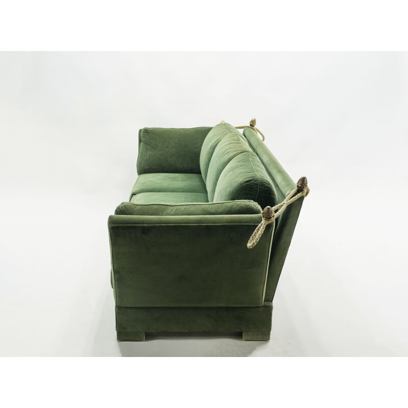 Pair of vintage large neoclassical sofas Jansen House green velvet 1970