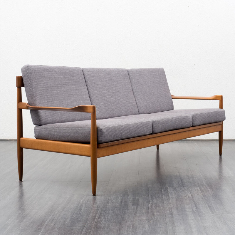 Mid-century three seater sofa in grey fabric and beech - 1960s