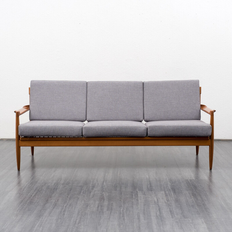 Mid-century three seater sofa in grey fabric and beech - 1960s