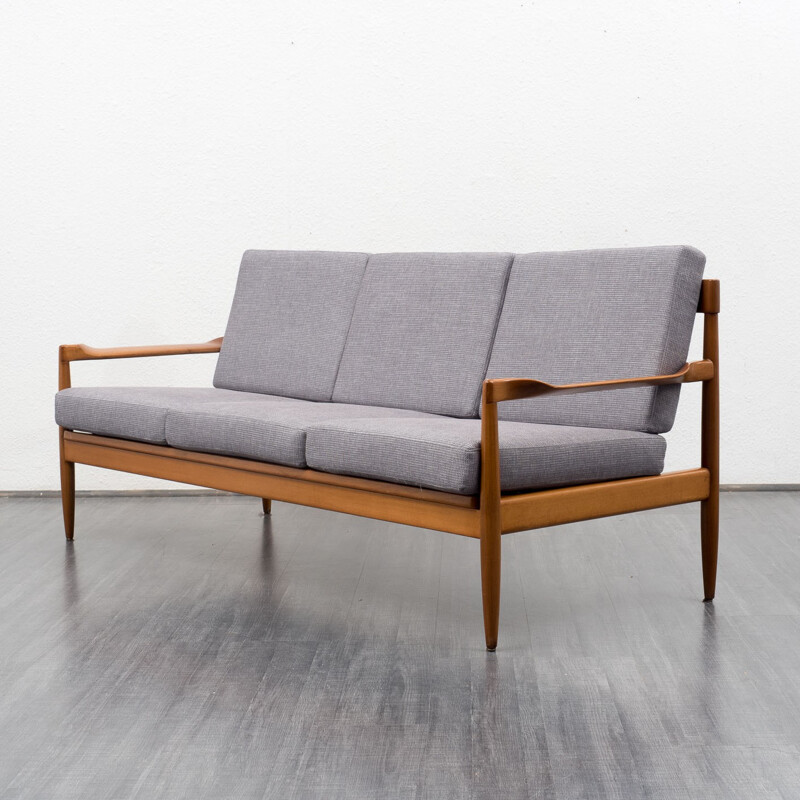 Mid-century three seater sofa in grey fabric and beech - 1960s