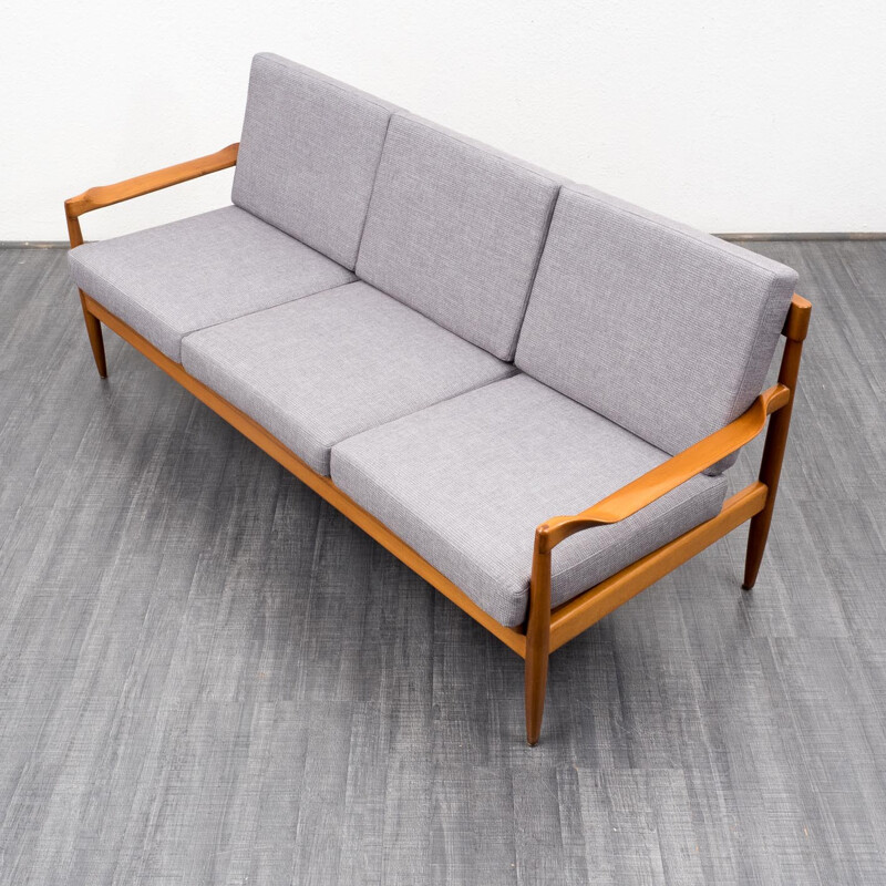 Mid-century three seater sofa in grey fabric and beech - 1960s