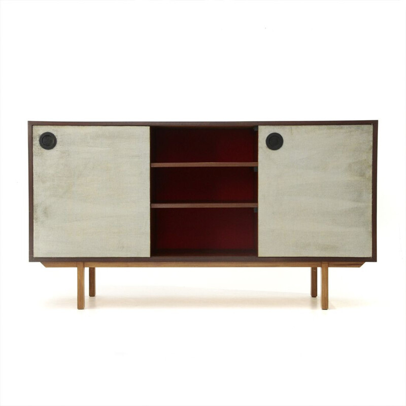 Vintage Sideboard with lined doors and open compartment, 1960