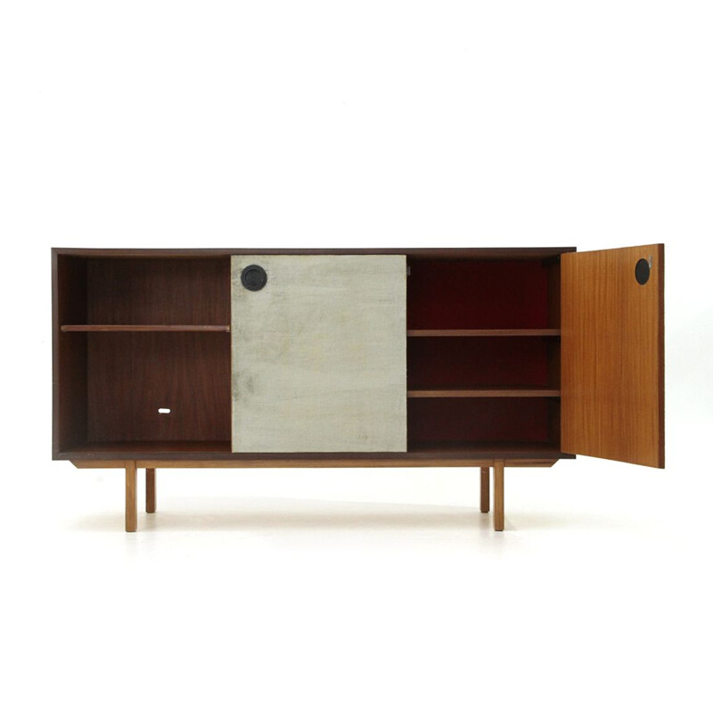 Vintage Sideboard with lined doors and open compartment, 1960