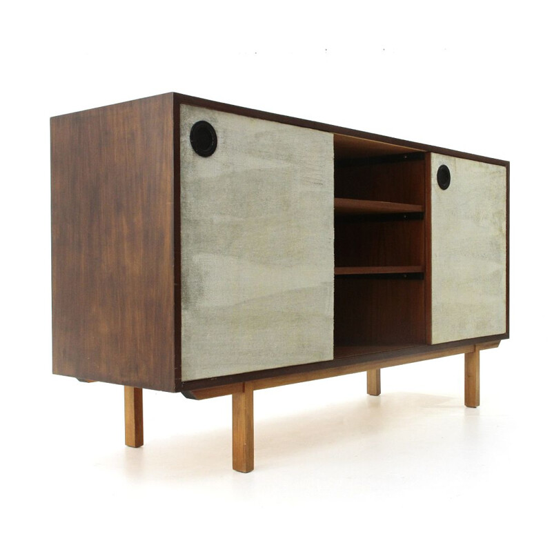 Vintage Sideboard with lined doors and open compartment, 1960