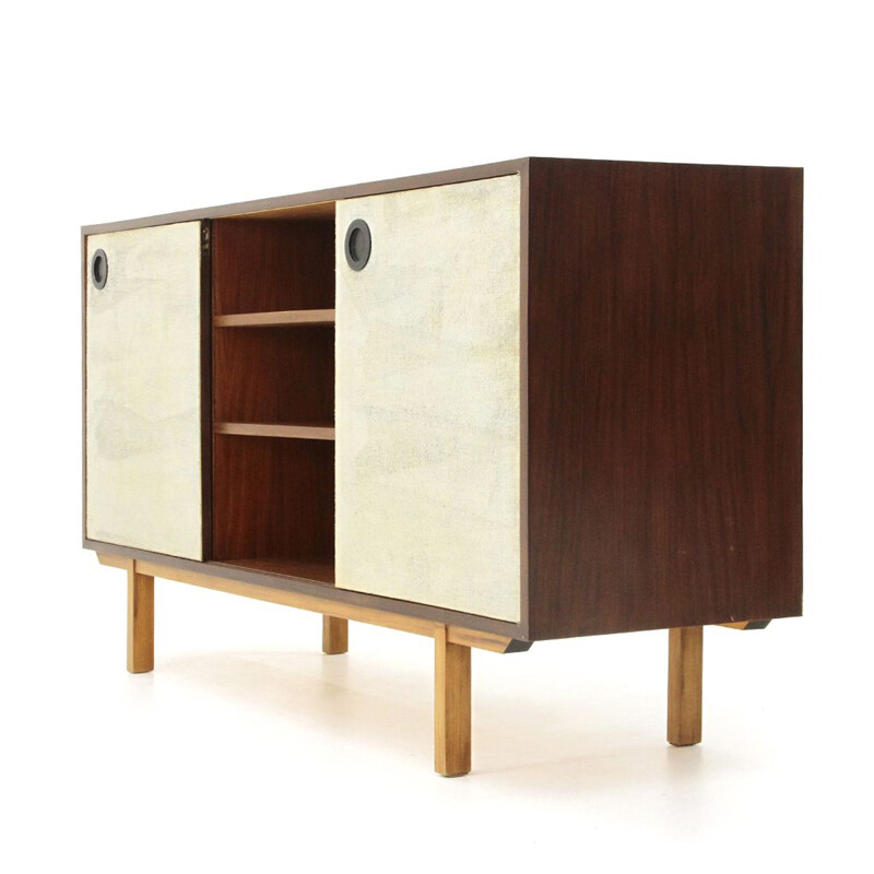 Vintage Sideboard with lined doors and open compartment, 1960