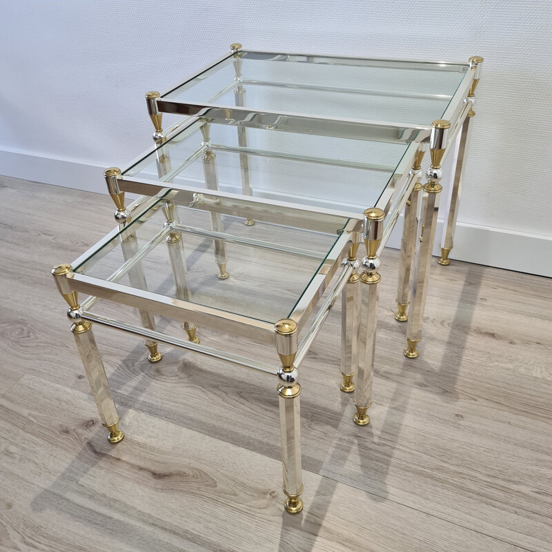 Vintage plated nesting tables Gold & silver with glass top by Orsenigo, Italy 1970