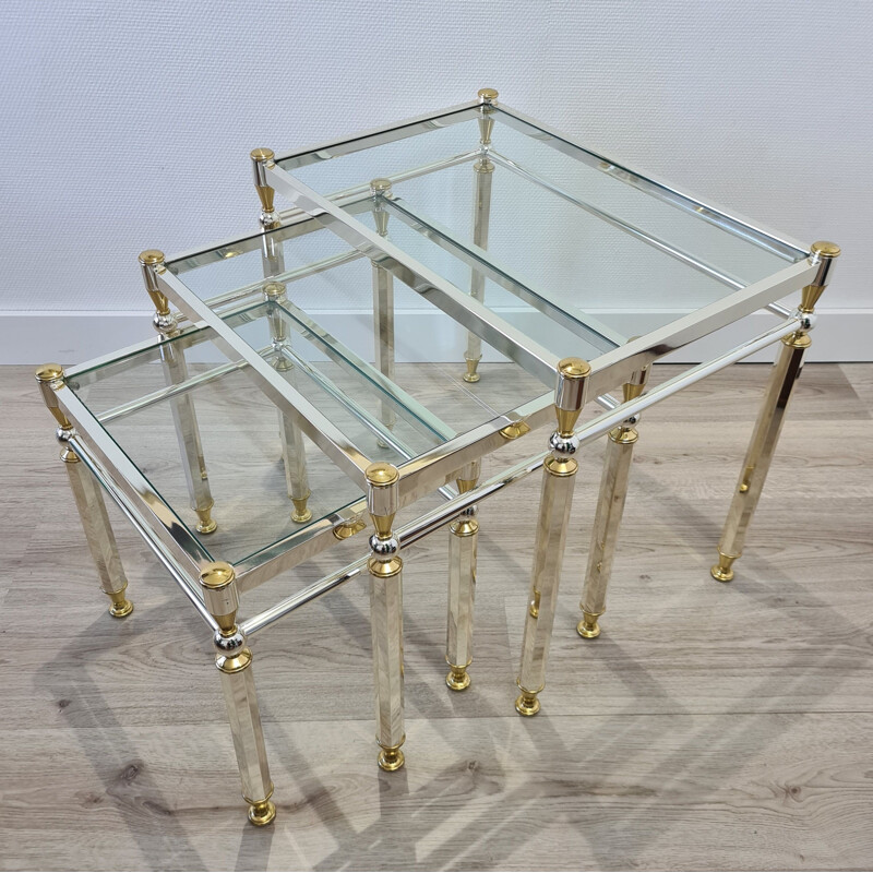 Vintage plated nesting tables Gold & silver with glass top by Orsenigo, Italy 1970