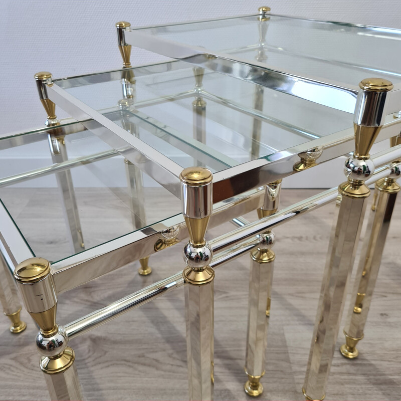 Vintage plated nesting tables Gold & silver with glass top by Orsenigo, Italy 1970