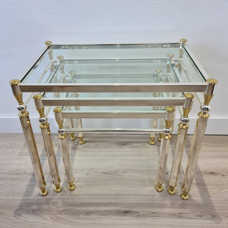 Vintage plated nesting tables Gold & silver with glass top by Orsenigo, Italy 1970