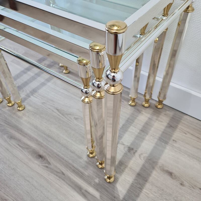 Vintage plated nesting tables Gold & silver with glass top by Orsenigo, Italy 1970