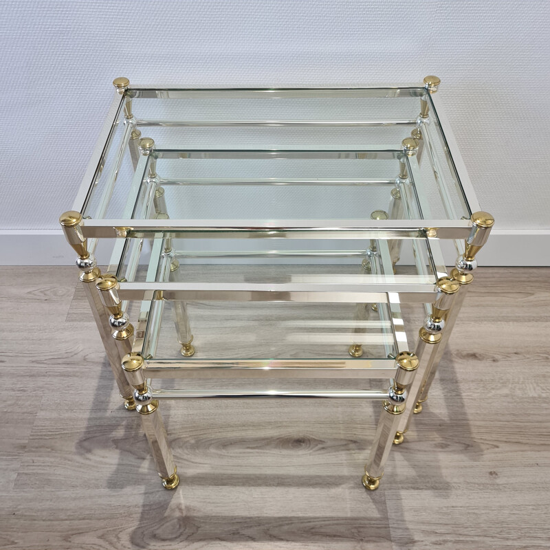 Vintage plated nesting tables Gold & silver with glass top by Orsenigo, Italy 1970