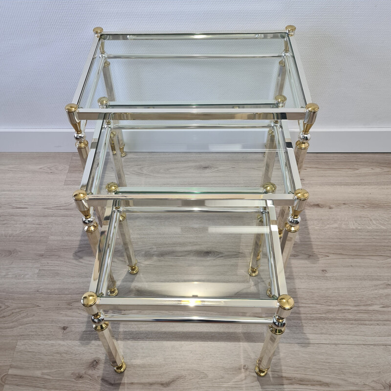 Vintage plated nesting tables Gold & silver with glass top by Orsenigo, Italy 1970