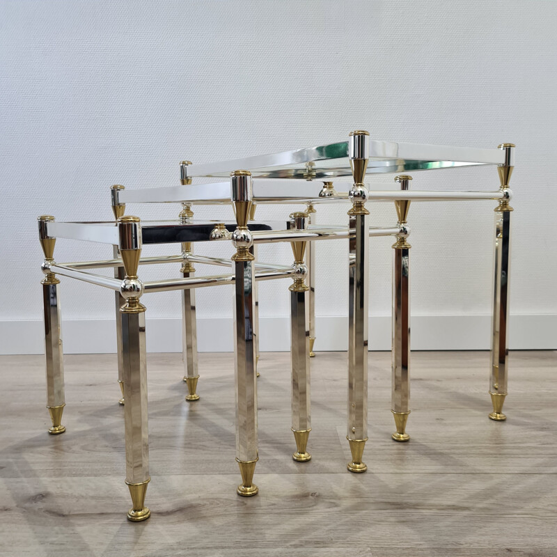 Vintage plated nesting tables Gold & silver with glass top by Orsenigo, Italy 1970