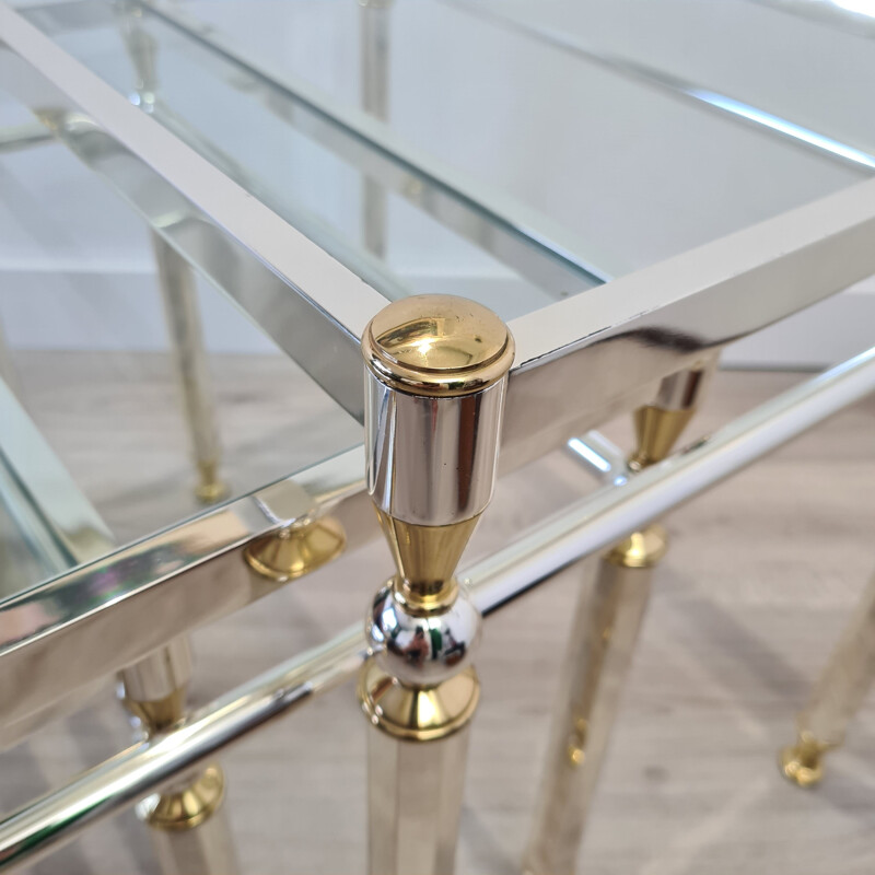 Vintage plated nesting tables Gold & silver with glass top by Orsenigo, Italy 1970