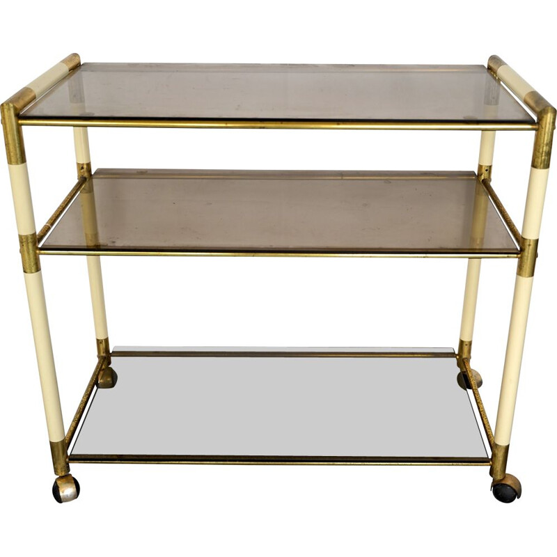 Vintage 3 shelves brass and lacquer trolley cart by Tommaso Barbi Italy 1970