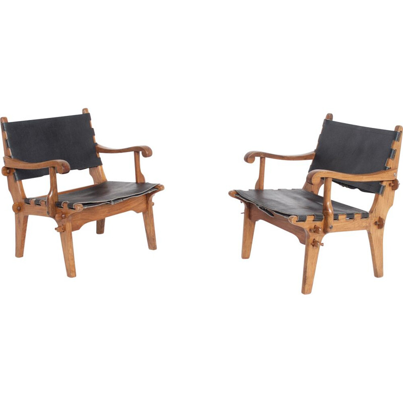 Paar vintage fauteuils van teak en leder van Angel Pazmino, USA 1960