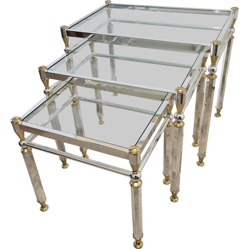 Vintage plated nesting tables Gold & silver with glass top by Orsenigo, Italy 1970