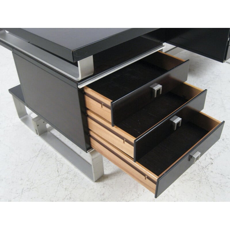 Large Abbondinterni design desk, mahogany and brushed steel, Italy 1970