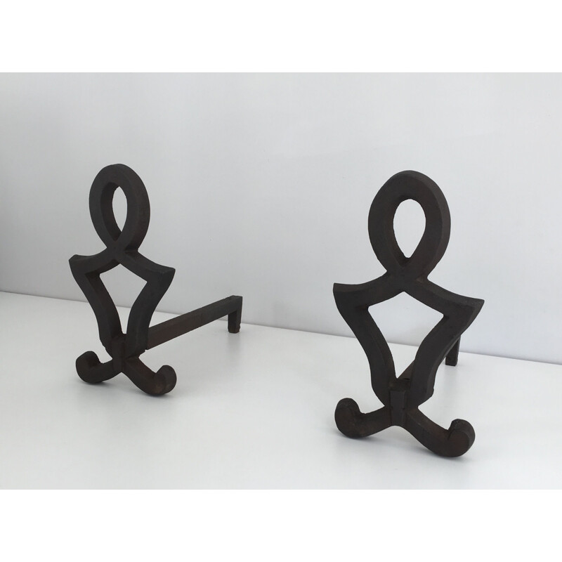 Pair of vintage modernist cast iron andirons, 1950