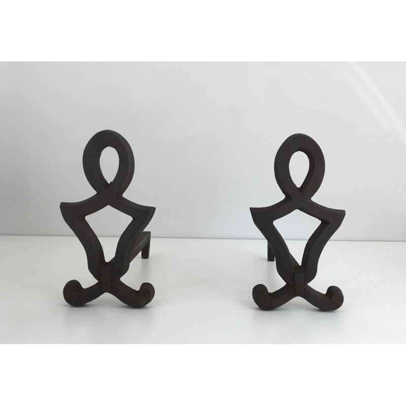 Pair of vintage modernist cast iron andirons, 1950