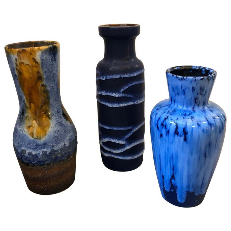 Ensemble de 3 vases vintage en céramique de lave de Scheurich, Allemagne 1970