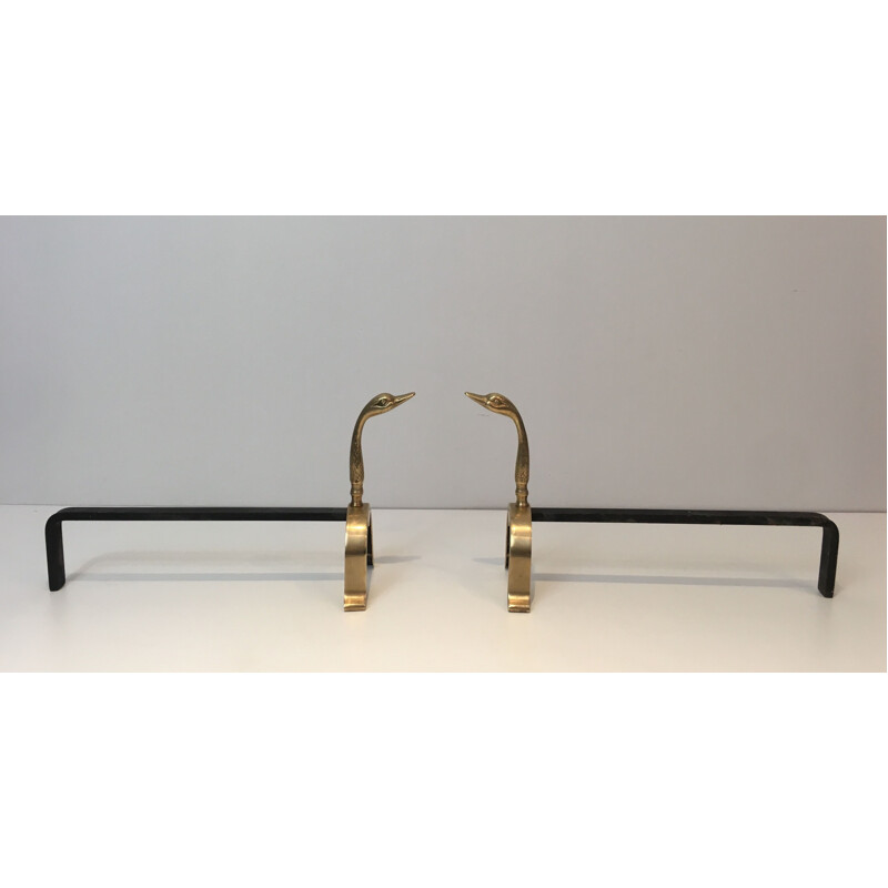 Pair of vintage brass duck andirons, 1970