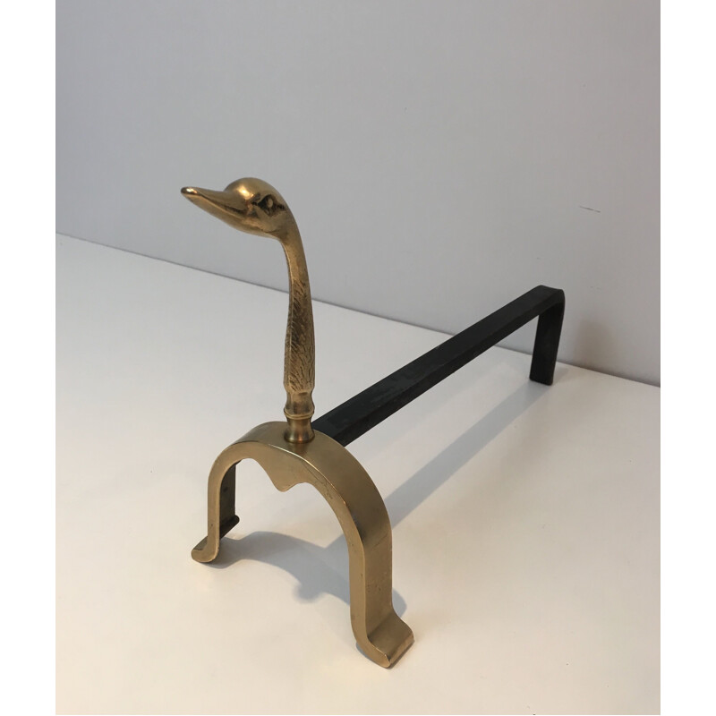 Pair of vintage brass duck andirons, 1970