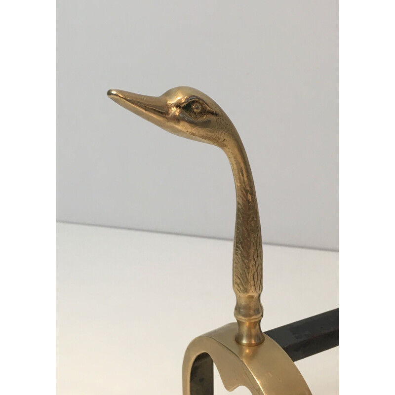 Pair of vintage brass duck andirons, 1970