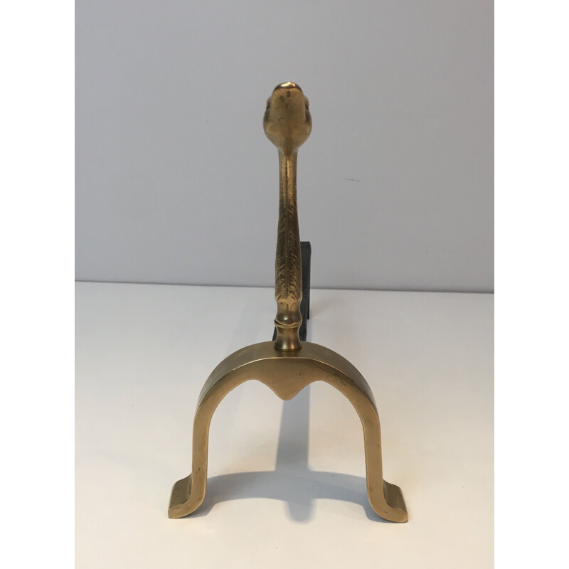 Pair of vintage brass duck andirons, 1970